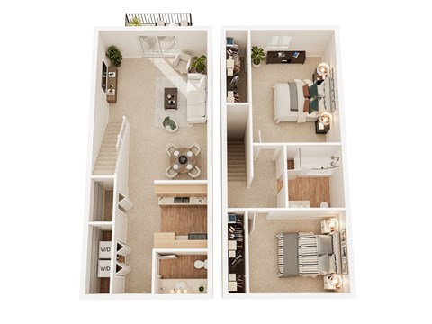 Floor plan for 2 beds, 1.5 baths, 987 sqft